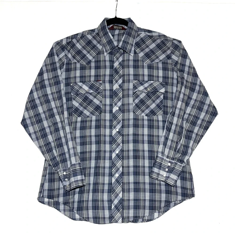 Chute 1 Mens Lg Plaid Long Sleeve Western Pearl Snap Shirt Blue Gray Lightweight